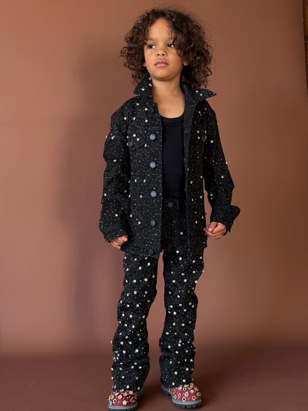 Kids Black Star-Embellished Jacket & Pants Set